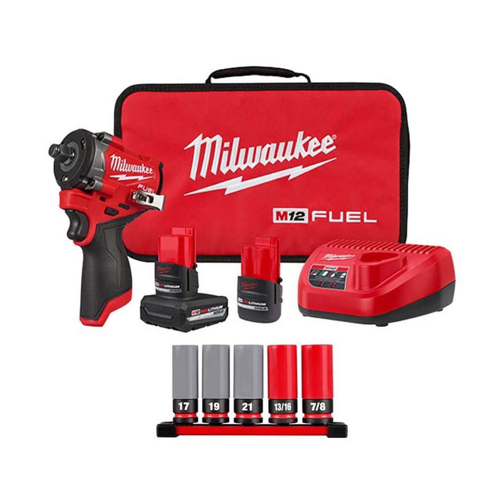 M12 FUEL 12V Li-Ion Brushless Cordless Stubby 1/2in. Impact Wrench Kit w/(2)Batteries & Lug Nut Impact Socket Set (5-Pc) -  Milwaukee, 2563-22-