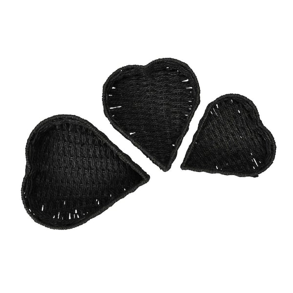 HOUSEHOLD ESSENTIALS Black Heart Shaped Hand-Woven Paper Rope Nesting Decorative Baskets (Set of 3)