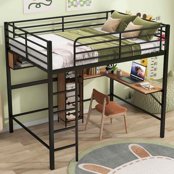 Polibi Full Size Metal and Wood Loft Bed with L -shaped desk and shelves, Black and Brown