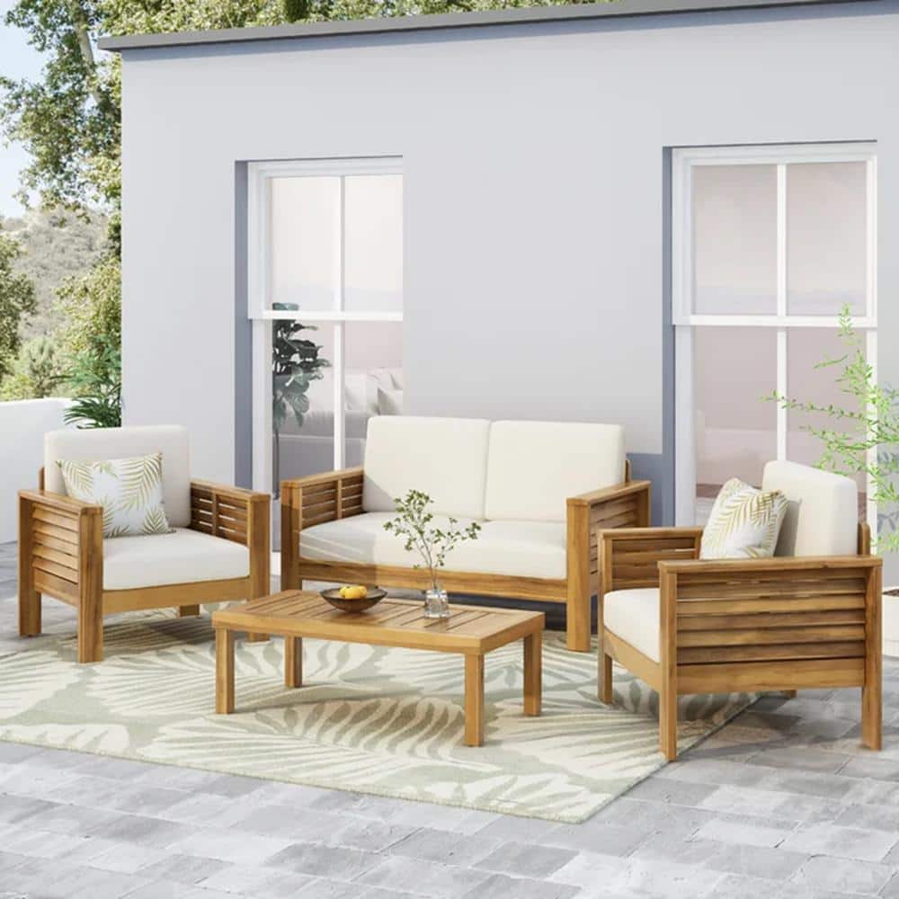 4-Pieces Wood Patio Conversation Set with Cream Cushions, Loveseat and Coff