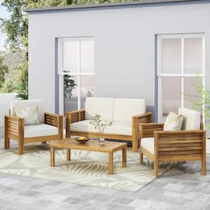 4-Pieces Wood Patio Conversation Set with Cream Cushions, Loveseat and Coffee Table Set