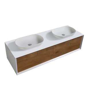63 in. in. W Wall Mount Bath Vanity in White and Oak with Matte White Double Sinks