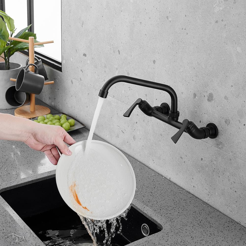 Matte Black Double-Handle Wall-Mount Kitchen Faucet