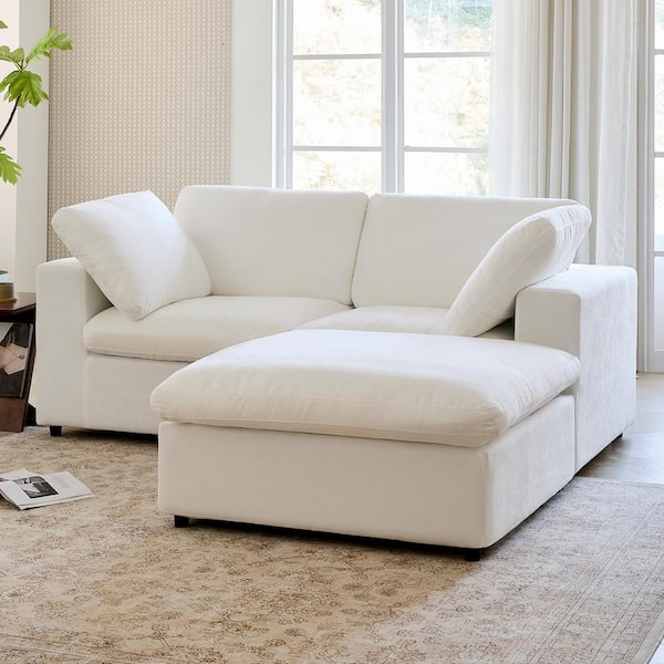 80 in. Square Arm Fabric L-Shaped Removable Covers Sectional Sofa 3-Seater in White