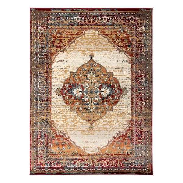 5 ft. x 8 ft. Ivory Red and Orange Medallion Power Loom Area Rug
