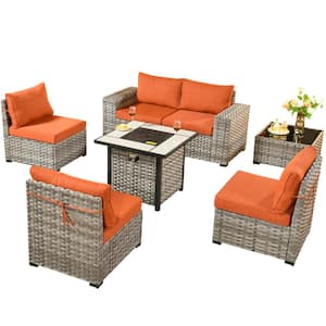 Metis 7-Piece Wicker Outdoor Patio Fire Pit Conversation Sectional Sofa Set and with Orange Red Cushions