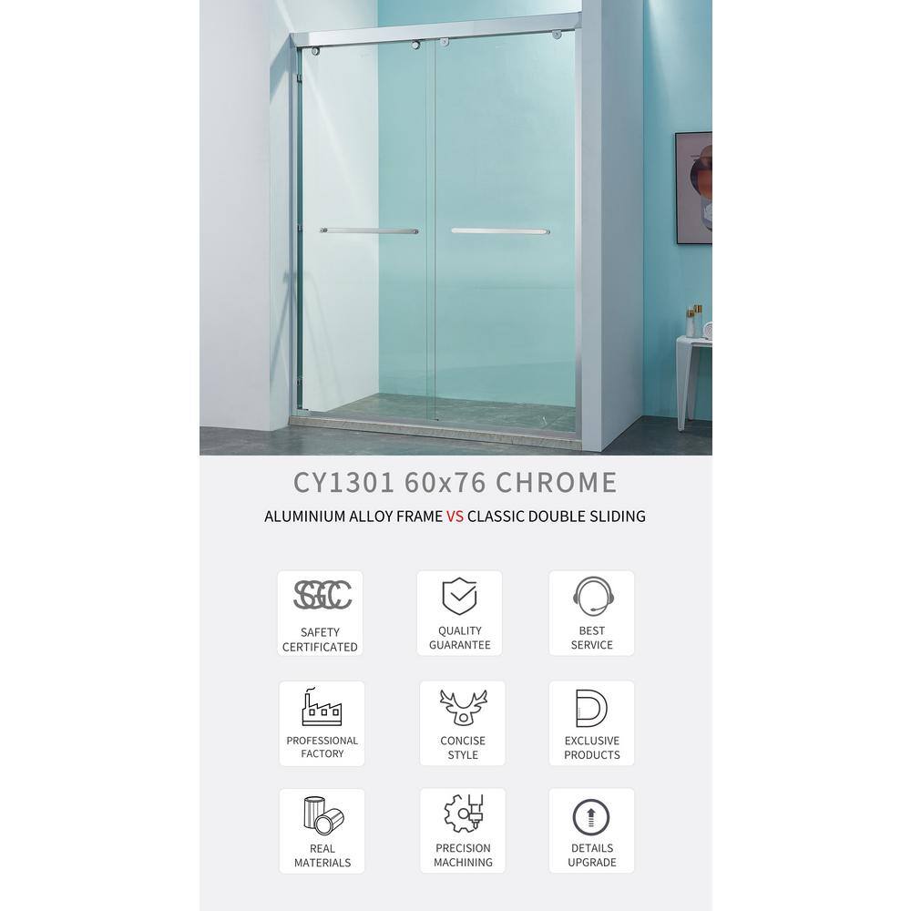 60" Chrome Frameless Double Sliding Shower Door with Clear Glass