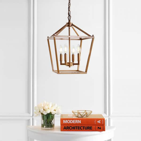 JONATHAN Y Pagoda 12 in. 4-Bulb Antique Gold Lantern Metal