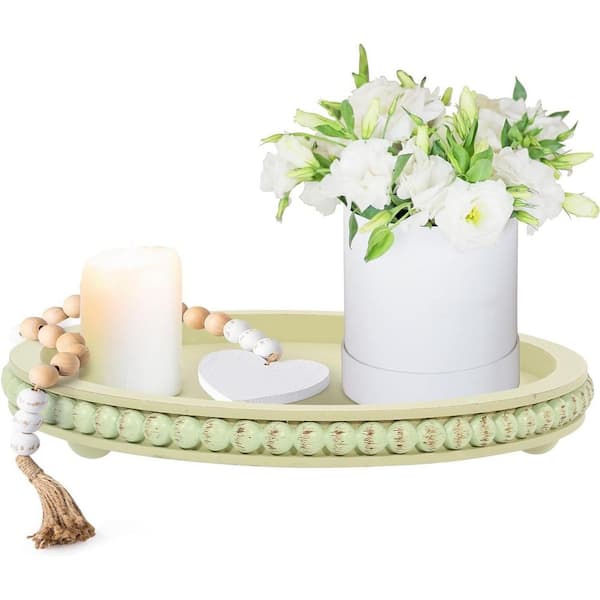 Unbranded 12 in. Green Round Wood Decorative Tray (Set of 1)