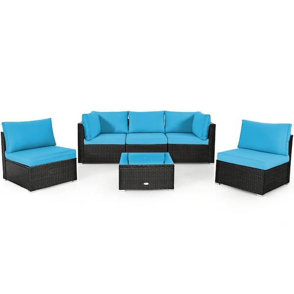 Gymax 6-Piece Rattan Outdoor Sectional Sofa Set Patio Furniture Set with Turquoise Cushions