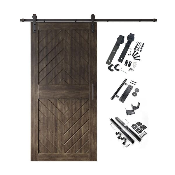 JT2 32 in. x 84 in. C-Panel Ebony Fishbone Design Solid Pine Wood Sliding Barn Door with Hardware Kit