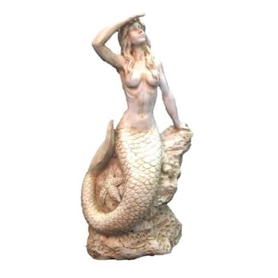 16 in. Antique White Classic Mermaid Sitting on Coastal Rock Looking Out to Sea Beach Nautical Statue