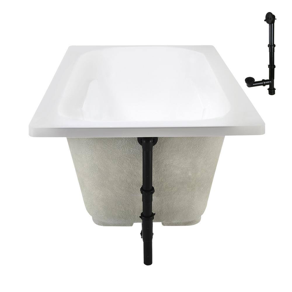 72" x 36" Glossy White Acrylic Drop-In Soaking Bathtub with Matte Black Hardware