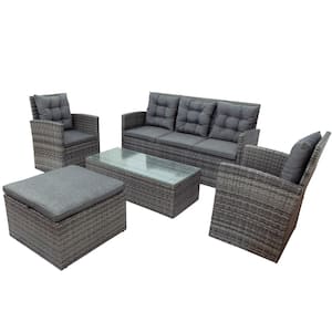 5-Piece Wicker Outdoor Patio Conversation Set with Gray Cushions and Storage Bench
