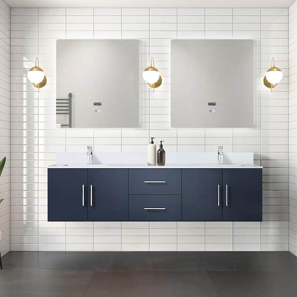 Lexora Geneva 72 in. W x 22 in. D Navy Blue Double Bath Vanity, White Quartz Top, Faucet Set, and 30 in. LED Mirrors