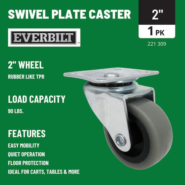 2 in. Gray Rubber Like TPR and Steel Swivel Plate Caster with 90 lbs. Load Rating
