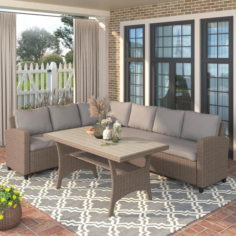 Brown Wicker Outdoor Couch Conversation Set with Table and Brown Cushions