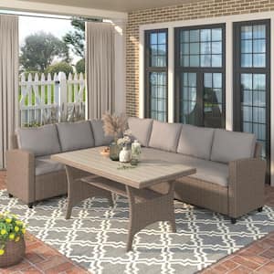 Brown Wicker Outdoor Couch Conversation Set with Table and Brown Cushions