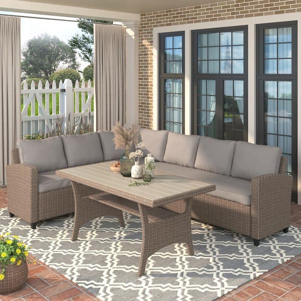 Unbranded Brown Wicker Outdoor Couch Conversation Set with Table and Brown Cushions