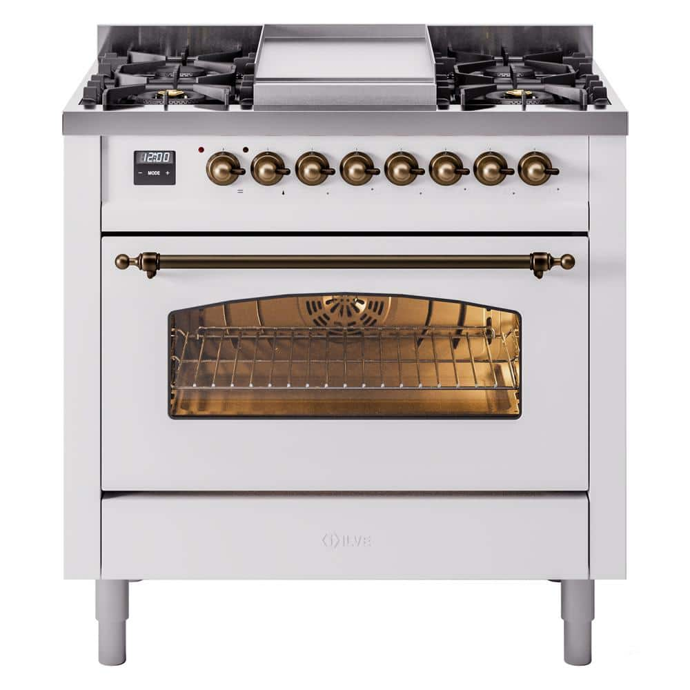 Nostalgie II 36 in. 6 Burner+Griddle Freestanding Dual Fuel Natural Gas Range in White with Bronze Trim -  ILVE, UP36FNMPWHB