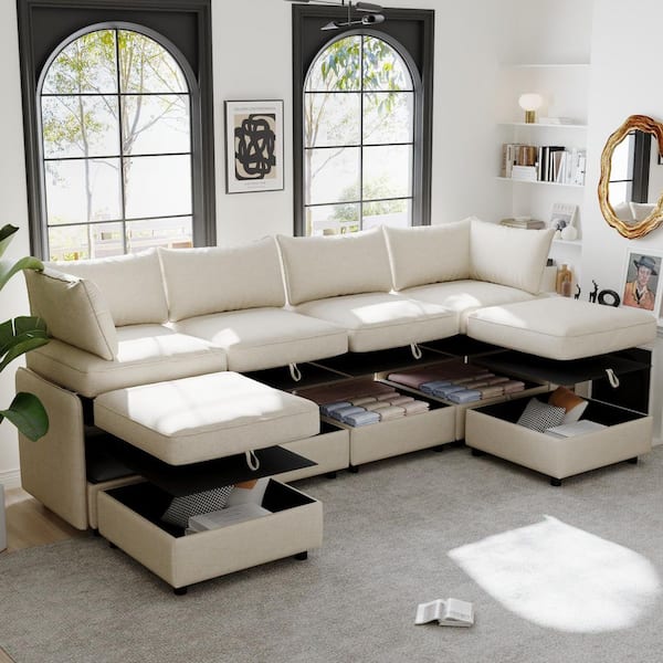 Convertible Modular 129 in 6 Piece Chenille Sectional Sofa in. Beige with Storage Seats, Ottomans, Sleeper Sofa