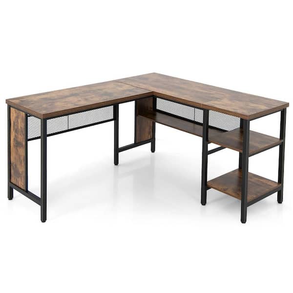 Costway 55 in. Industrial L-Shaped Corner Computer Desk Office Workstation with Storage Shelves