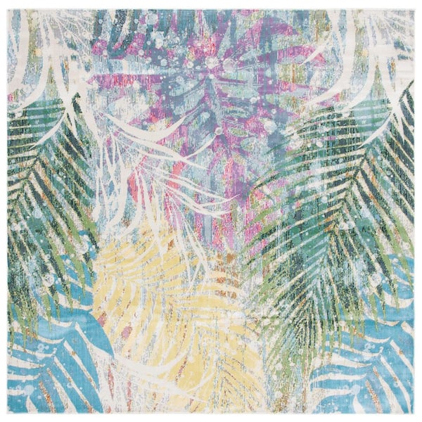 Lillian 7 ft. x 7 ft. Green/Blue Distressed Oversized Leaves Square Area Rug