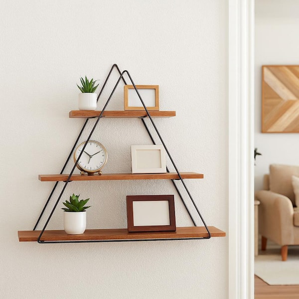 25 in. x 6.5 in. Brown Metal Triangle 3-Tiered Decorative Wall Shelf