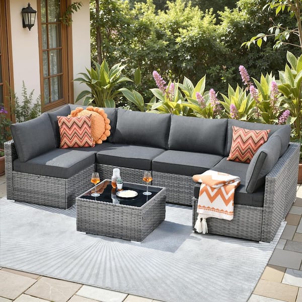 Sanibel Gray 7-Piece Wicker Outdoor Patio Conversation Sofa Sectional Set with Black Cushions