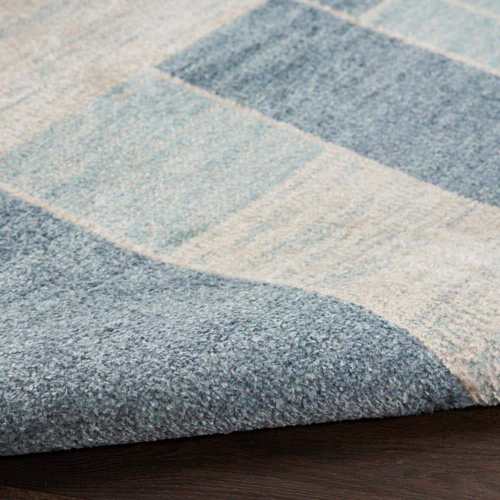 Blue Ivory Geometric 5' x 7' Machine Washable Area Rug