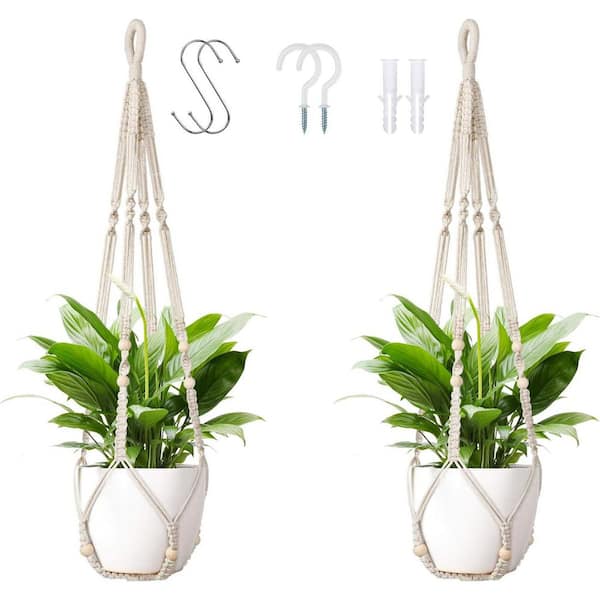 2P-35 in. Macrame Ivory Plant Fiber Hanger with Wood Beads - Boho Indoor/Outdoor Flower Pot Holder (Pot Not Included)