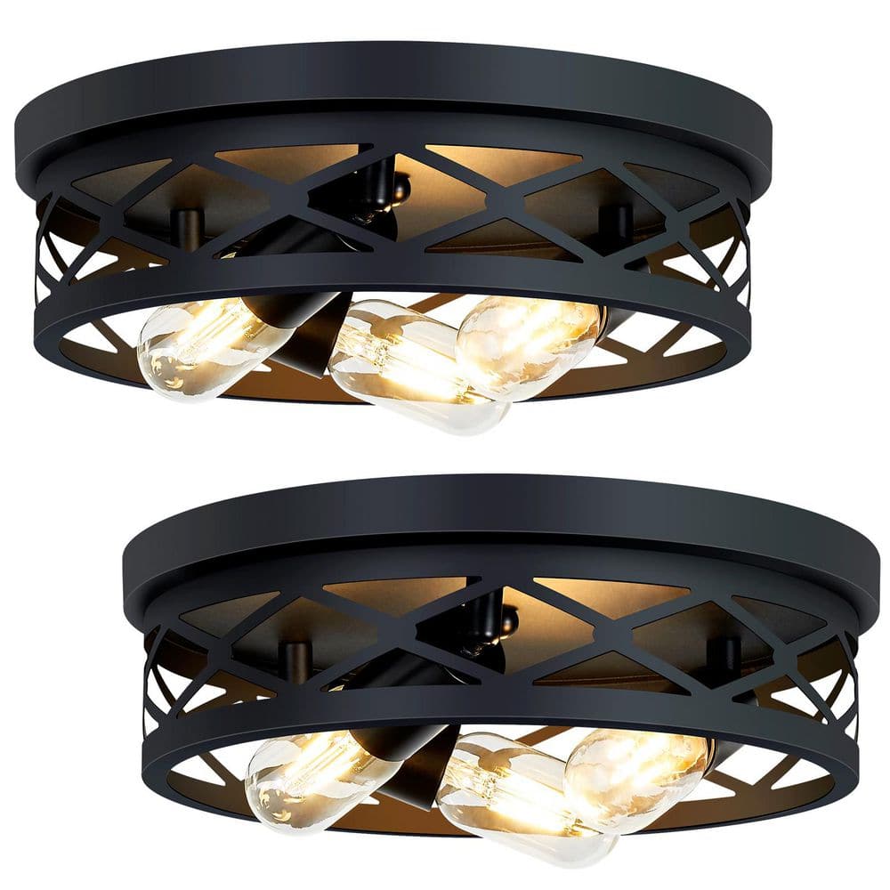 2 Pack 12.59 in. 3-Light Round Matte Black Flush Mount Ceiling Light with Hollow‑Cut Cage for Kitchen, Bulb not included price history on PriceWatchPro