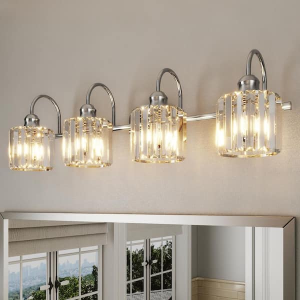 Merrin 32 in. 4-Light Brushed Nickel Bathroom Vanity Light with Crystal Shades