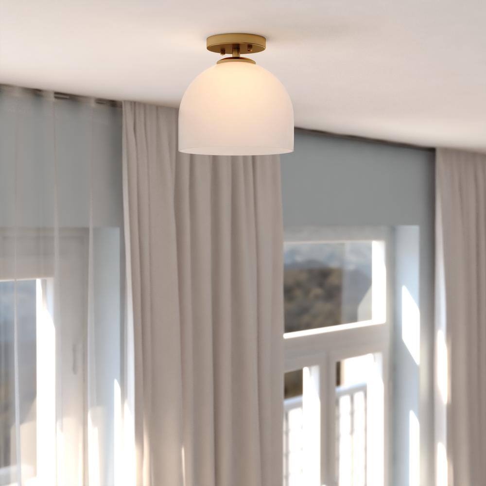 Shelby 9.25-Inch Brass and White Glass Semi-Flush Mount Light