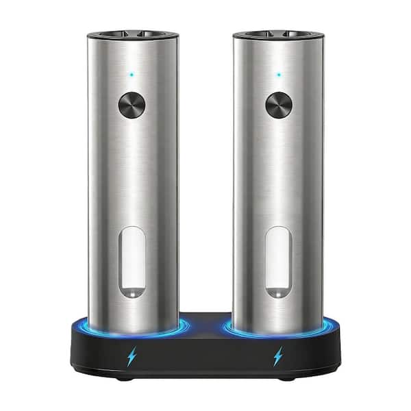 Silver Stainless Steel Rechargeable Salt and Pepper Grinder Set Electric with USB C Dual Charging Base, Large Capacity