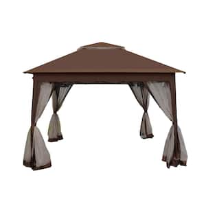 11 ft. x 11 ft. Brown Outdoor Pop Up Gazebo Canopy, 2-Tier Soft Top Event Tent With Removable Zipper Netting, 4 Sandbags