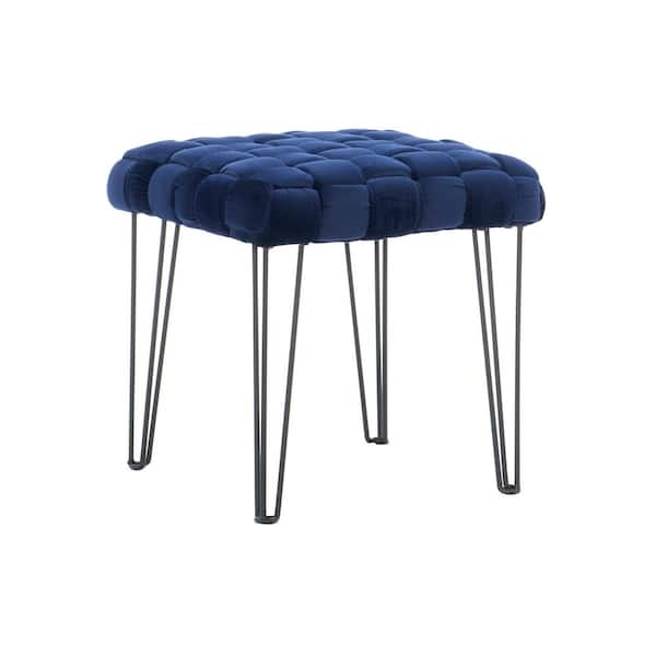 Linon Home Decor Grace Navy Basketweave Square Ottoman with Black Metal Hairpin Legs