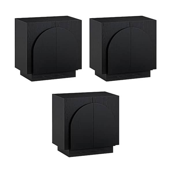 Iris Black Oak 31 in. Mid-Century Modern Wooden Accent Cabinet with Adjustable Shelf and Arched Doors, Set of 3