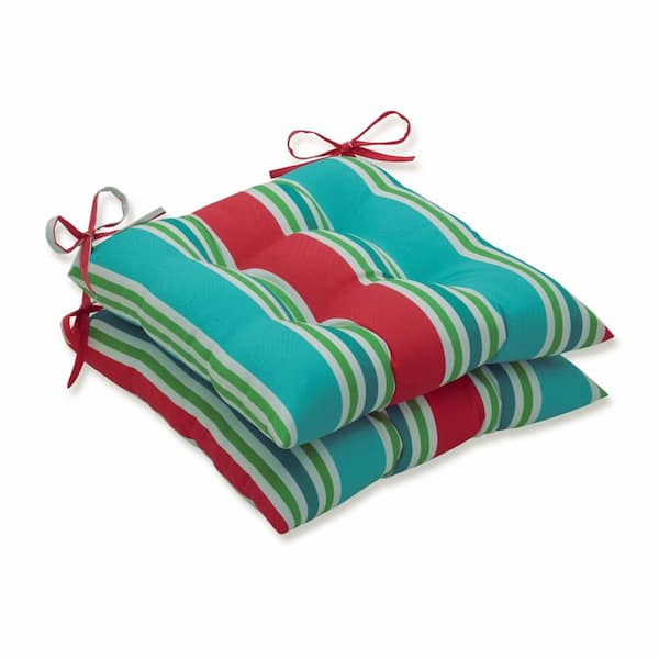 Pillow Perfect Striped 19 in. x 18.5 in. Outdoor Dining Chair Cushion in Green/Pink/Off-White (Set of 2)