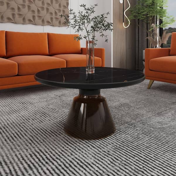 30 in. Round Coffee Table Sintered Stone Tabletop with Gold Iron Rim Frame and Glass Pedestal Base in Grey/Black Stone