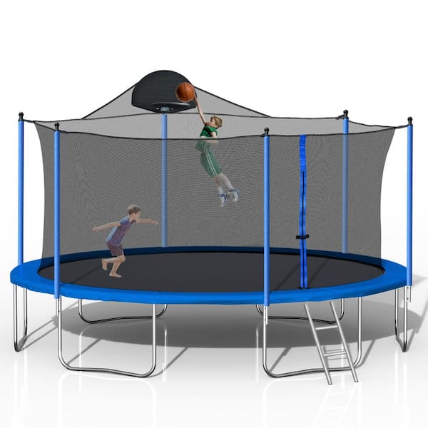 Tenleaf 14 ft. Outdoor Round Blue Trampoline with Basketball Hoop, Ladder and Safety Enclosure Net