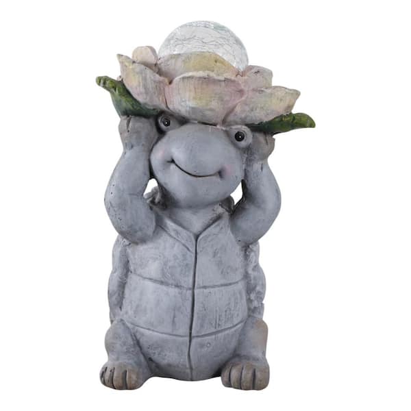 Gray 15 in. Ceramic Turtle Holding Large Solar Flower Garden Statue