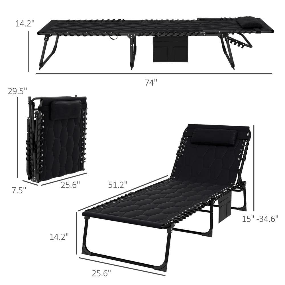 Black Padded Folding Armless Chaise Lounge with Cushions