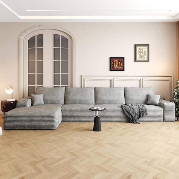 Modern Collection 135 in. Square Arm 4-Piece Corduroy L-Shaped Chaise Deep Seat Upholstered Sectional Sofa in Gray