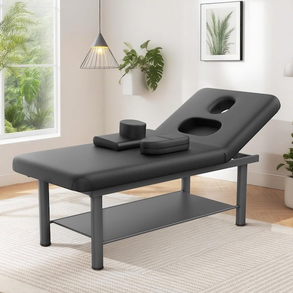 31.5 in. Black Professional Massage Table Bed Waterproof PU Leather Adjustable Chest Opening Round Iron Legs