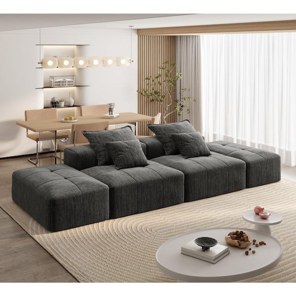 DNLM 141.7 in. 4-Seat Modular Chenille Tufted Sectional Sofa with DIY Layout and Luxe Shine Finish in. Graphite Black