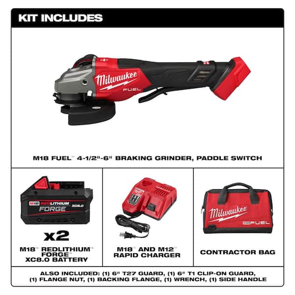 M18 FUEL 18-Volt Lithium-Ion Brushless Cordless 4-1/2 in./6 in. Braking Grinder w/Paddle Switch & Two XC 8.0 Ah Battery