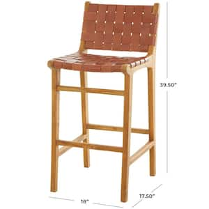 26 in. Brown Teak Wood Woven Leather Seat and Back Bar Stool with Beam Footrest