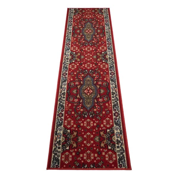 RugStylesOnline Isfahan Cut to Size Red Color 26" Width x Your Choice Length Custom Size Slip Resistant Rubber Runner Rug