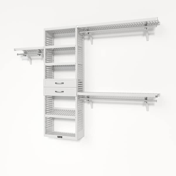 72 in. W - 120 in. W White Reach in with 2 Shaker Style Drawers 12 in. Shelf Wood Closet System